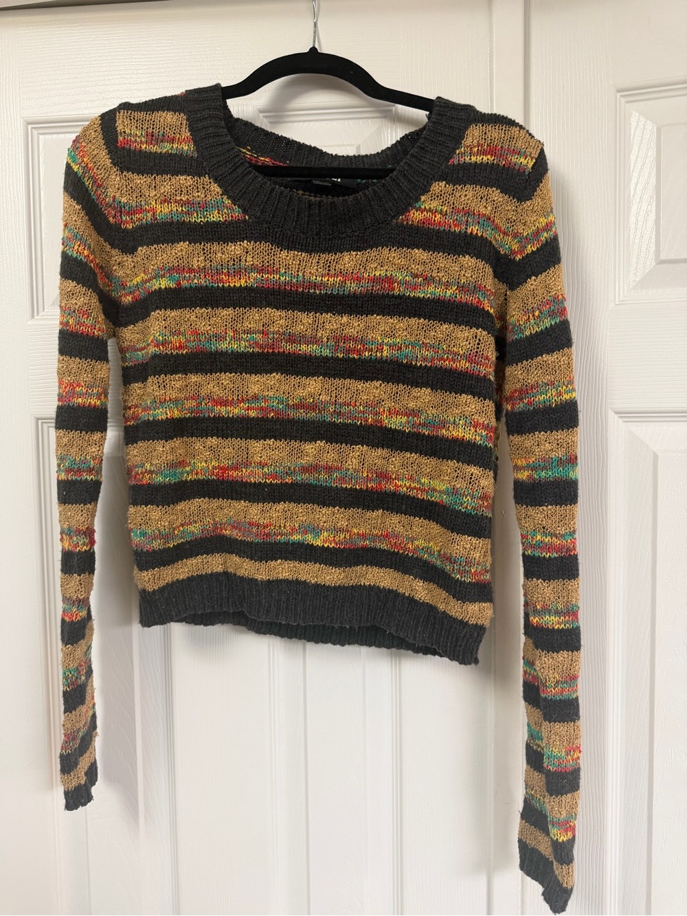 Forever 21 Striped Crewneck Sweater - Brown & Charcoal with Multicolor Flecks